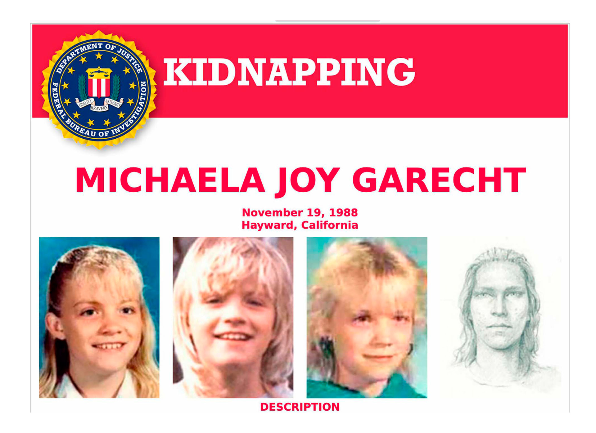 El cartel para buscar a Michaela con el identikit del asesino que realizó el FBI (FBI via AP)