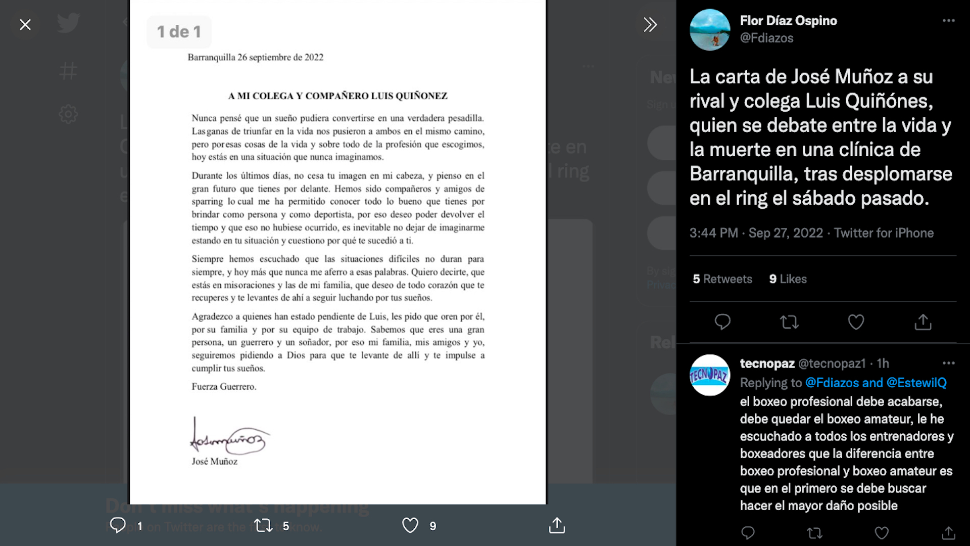 Flor Díaz Ospino sobre la carta enviada por José Muñoz a Luis Quiñones / (Twitter: @Fdiazos)