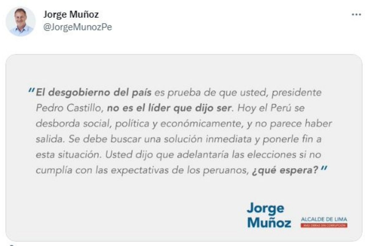 Alcalde Jorge Muñoz critica a Pedro Castillo