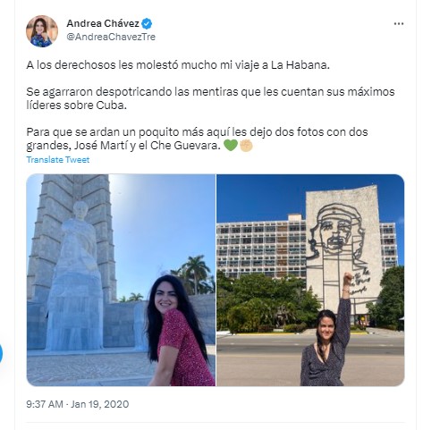 Andrea Chávez viajó a La Habana, Cuba, a inicios del 2020. (Twitter)