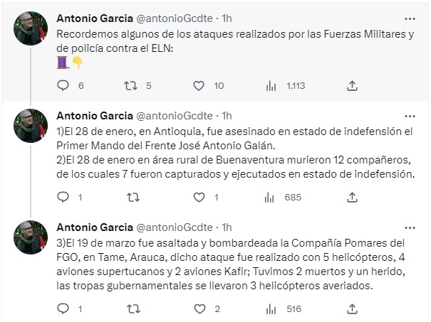 Antonio García se pronunció a través de su cuenta de Twitter en la que se refirió a los ataques que las Fuerzas Militares han perpetrado encontra de la guerrilla del ELN