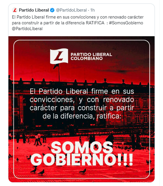 A través de su cuenta de Twitter, el Partido Liberal ratificó su permanencia en la bancada de gobierno de Gustavo Petro.
FOTO: vía Twitter (@PartidoLiberal)