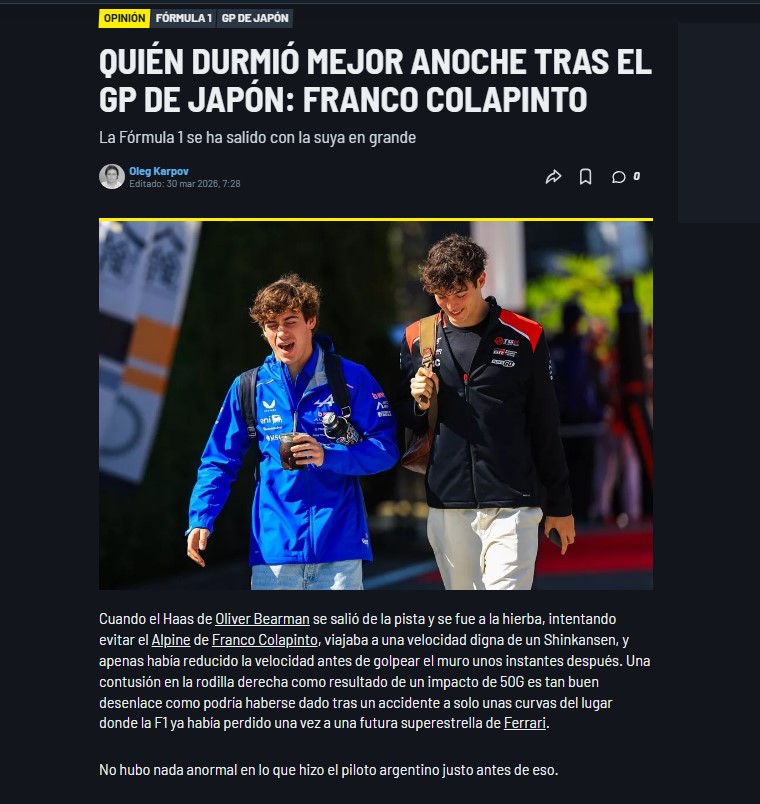 El concluyente informe que defendi&oacute; a Colapinto por el accidente de Bearman en Jap&oacute;n: "Es quien durmi&oacute; mejor anoche"