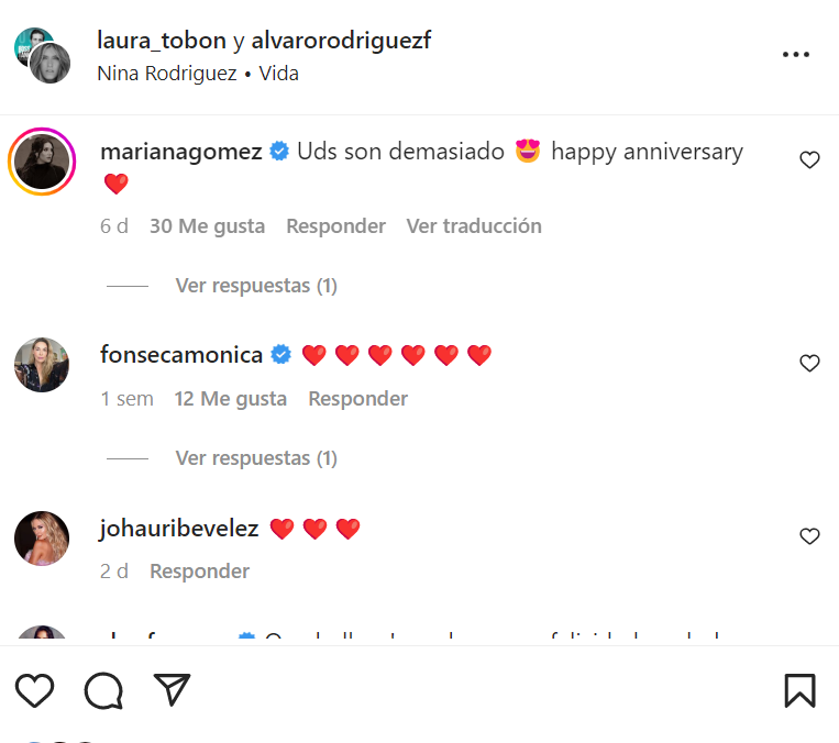 Estos fueron algunos de los mensajes que recibieron Laura Tobón y Álvaro Rodríguez en su sexto aniversario | Captura de pantalla Instagram