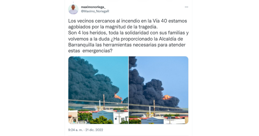 Reacciones de los usuarios de Twitter tras el incendio de ‘Vía 40’ en Barranquilla. Crédito: @Maximo_NoriegaR