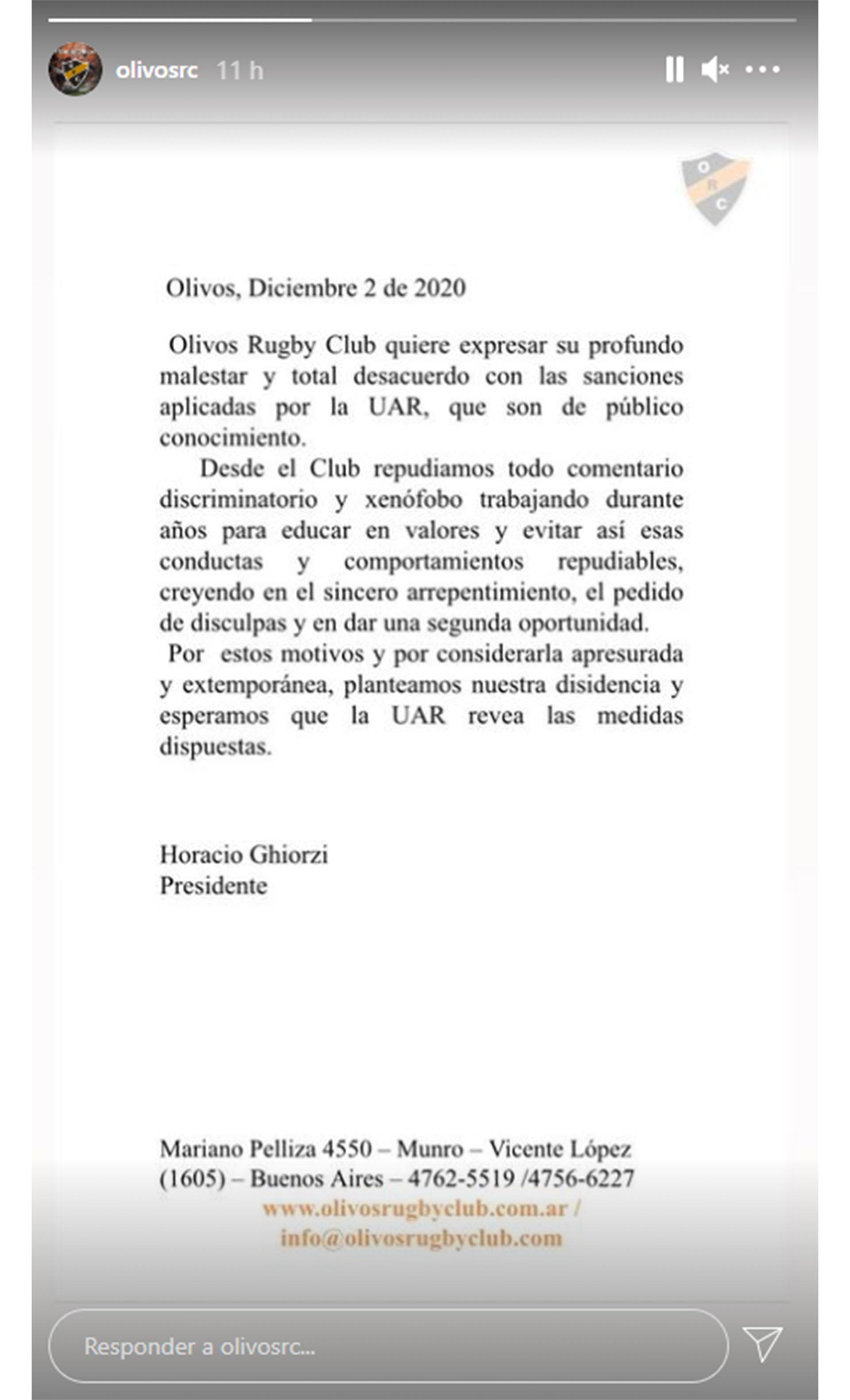 El comunicado de Olivos Rugby Club