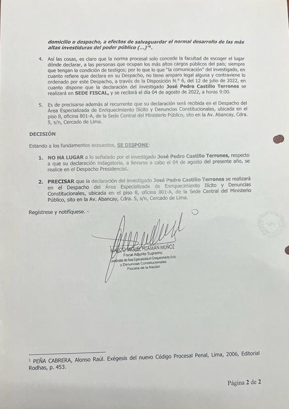 Documento de la Fiscalía de la Nación sobre citación de Pedro Castillo para rendir su manifestación