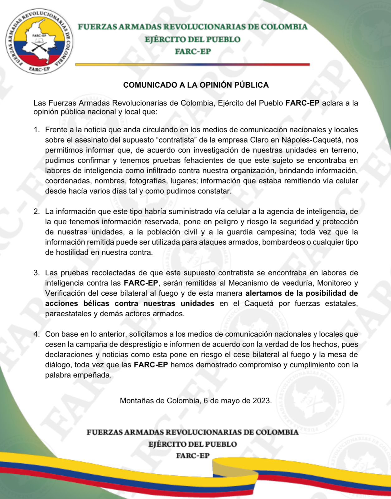 Comunicado del EMC Farc sobre homicidio en Cartagena del Chairá
