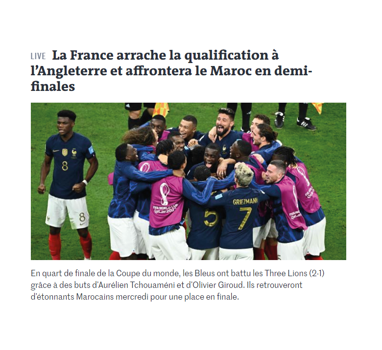 "Francia arrebata la clasificación a Inglaterra y se medirá ante Marruecos en semifinales"
