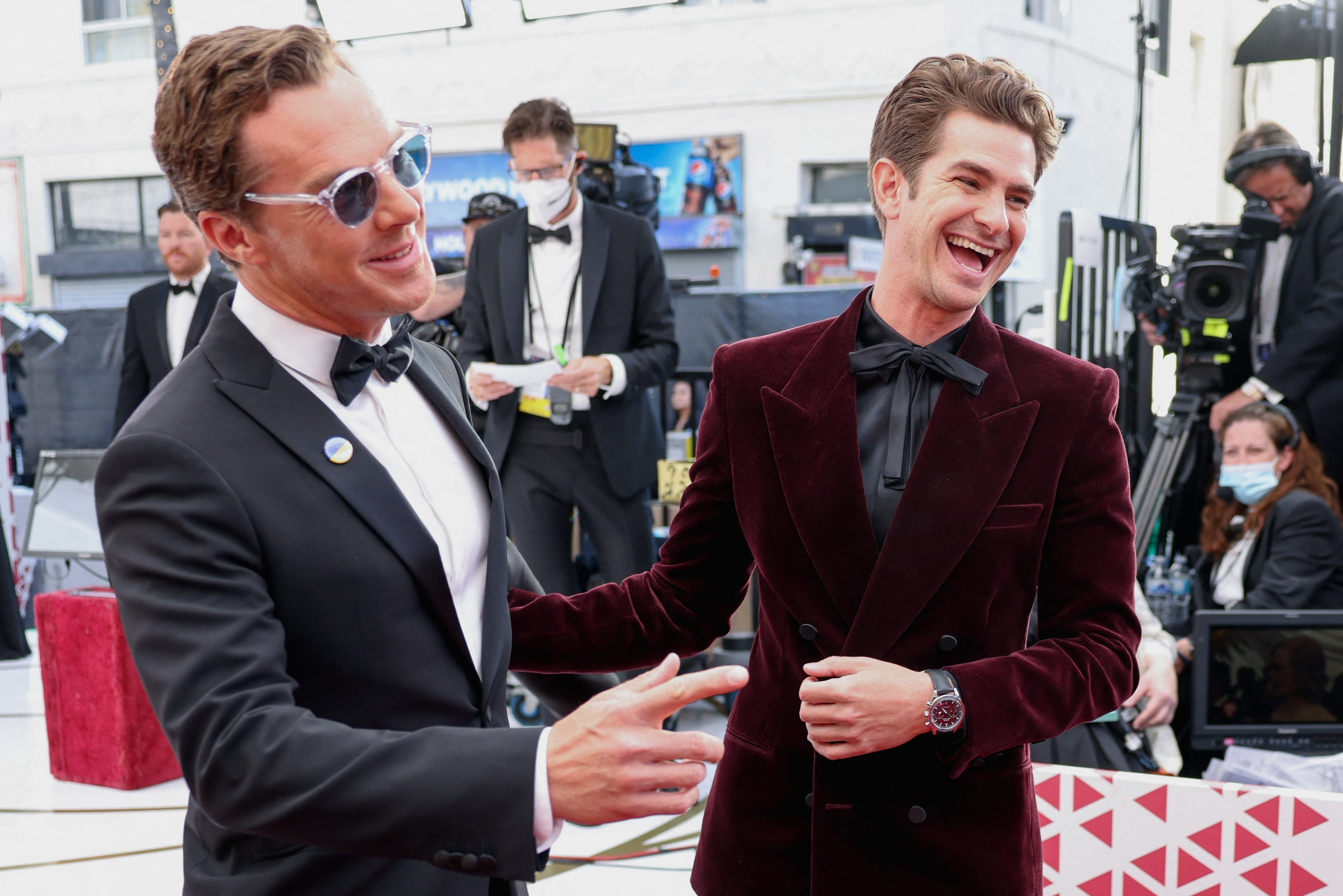 Benedict Cumberbatch and Andrew Garfield pose on the red carpet during the Oscars arrivals at the 94th Academy Awards in Hollywood, Los Angeles, California, U.S., March 27, 2022. REUTERS/Mike Blake