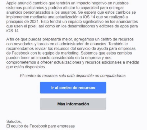 Los usuarios de facebook están recibiendo este mensaje anticipando los cambios en la política de privacidad que llegarán de la mano de la próxima actualización de iOS 14