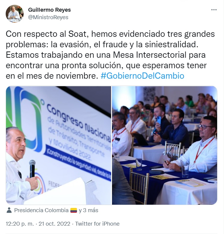 Publicación del ministro en su cuenta de Twitter