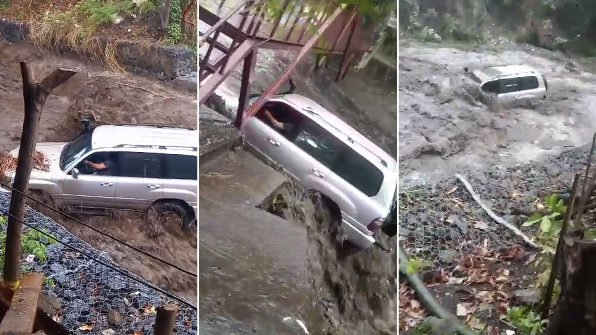 El dramático momento en el que un hombre saltó de su camioneta cuando era arrastrada por un arroyo en Nicaragua