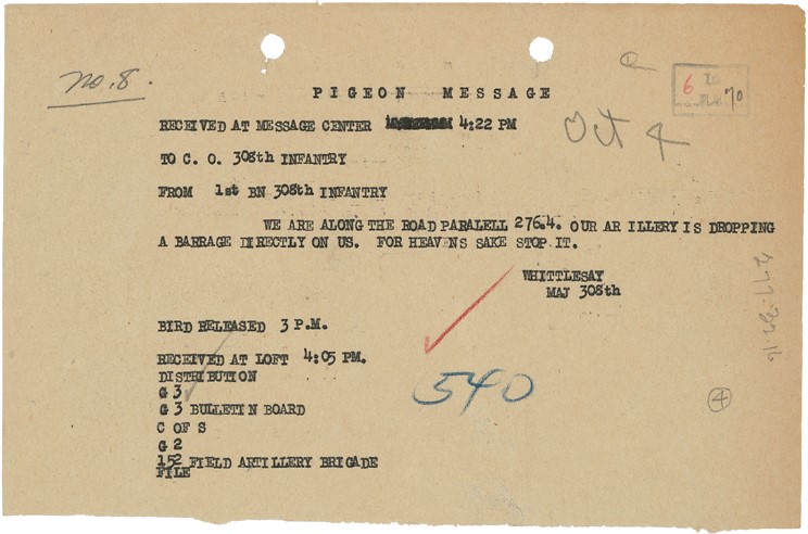 Mensaje de Cher Ami del Capitán Whittlesey al oficial al mando de la 308ª Infantería. (Foto: Archivos Nacionales de Estados Unidos)