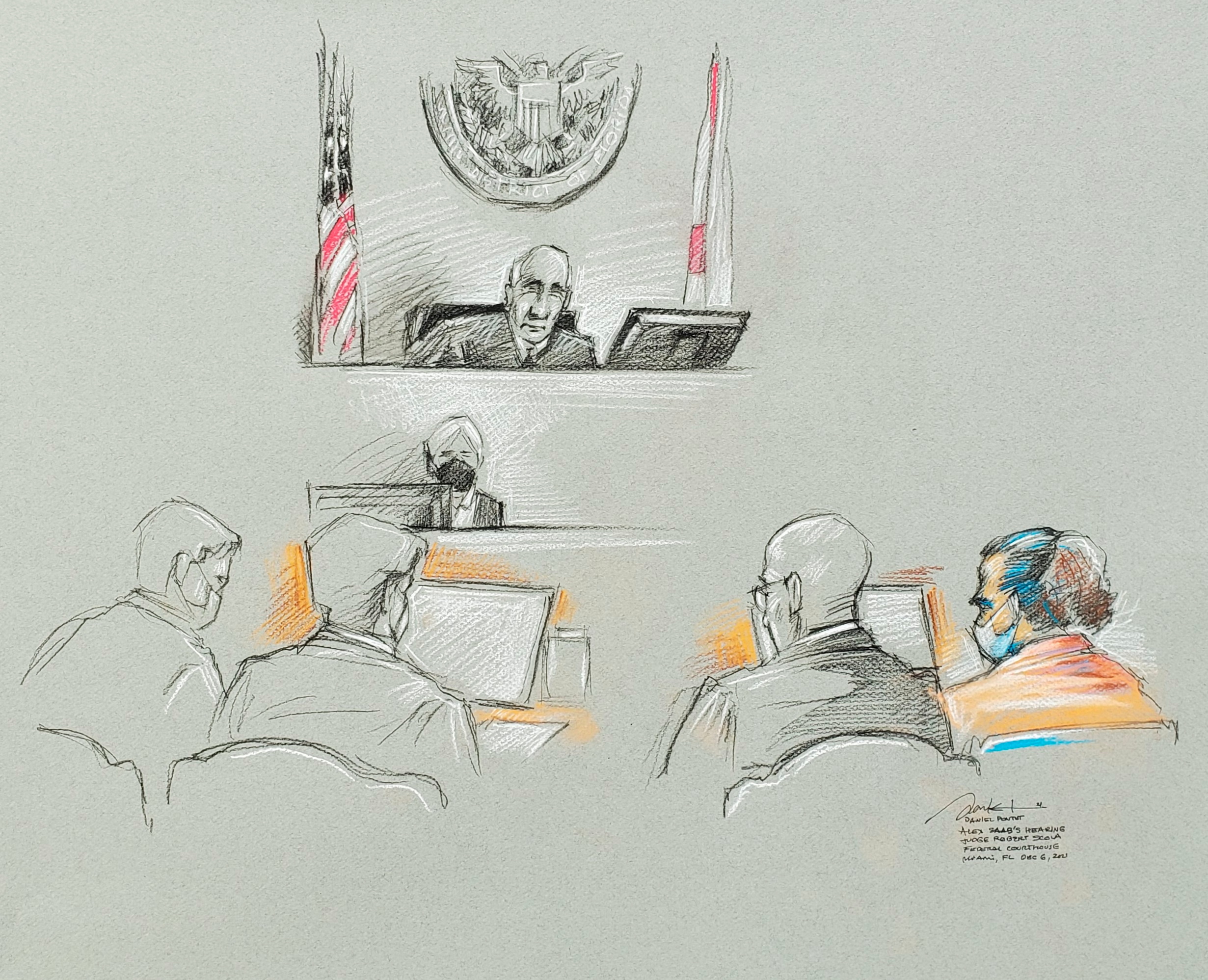 Alex Saab, an ally of Venezuelan President Nicolas Maduro, sits beside lawyers as he appears in court on charges of conspiring to launder money, in Miami, Florida, U.S., in this courtroom sketch, December 6, 2021.  Daniel Pontet/Handout via REUTERS  NO RESALES. NO ARCHIVES THIS IMAGE HAS BEEN SUPPLIED BY A THIRD PARTY.