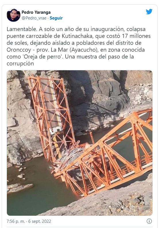 Puente colapsó en Ayacucho
