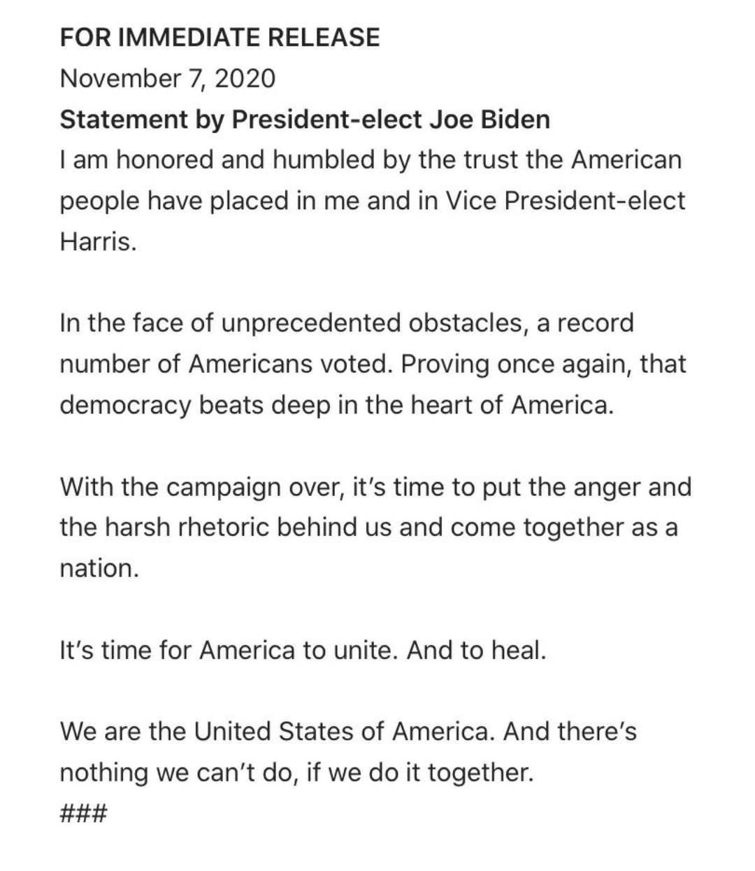 El comunicado de prensa del equipo de campaña de Joe Biden
