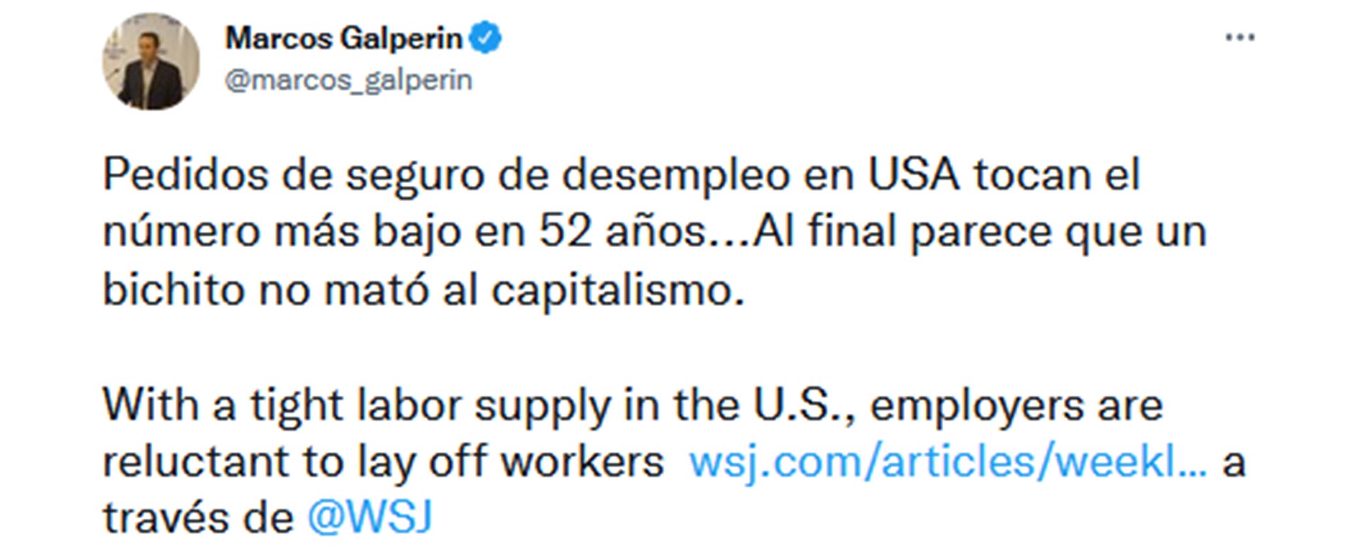 "Al final parece que un bichito no mató al capitalismo", el tuit de Galperin