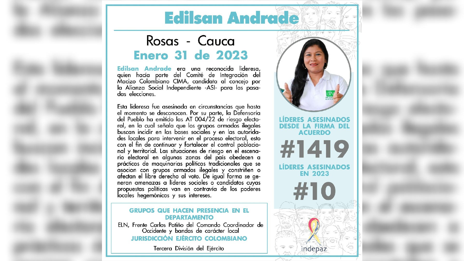 Asesinaron a Edilsan Andrade, lideresa social en Rosas, Cauca