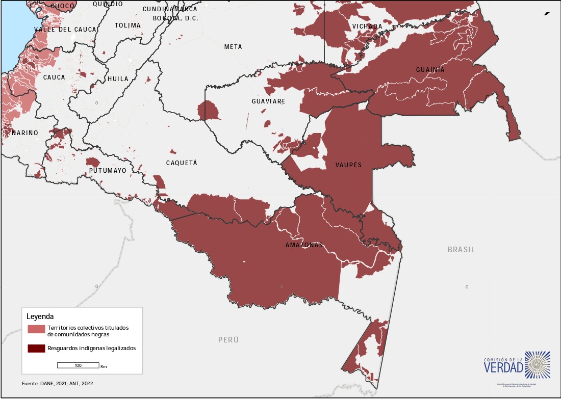 Mapa de resguardos indígenas en la Amazonía colombiana. Hoy existen 231 resguardos indígenas en la región y ocupan poco más de 26 millones hectáreas; es decir, el 54% del territorio amazónico. Fuente: Tomo Amazonía del Informe Final de la CEV