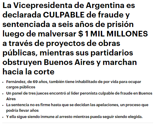 Daily Mail sobre la condena a Cristina Fernández de Kirchner