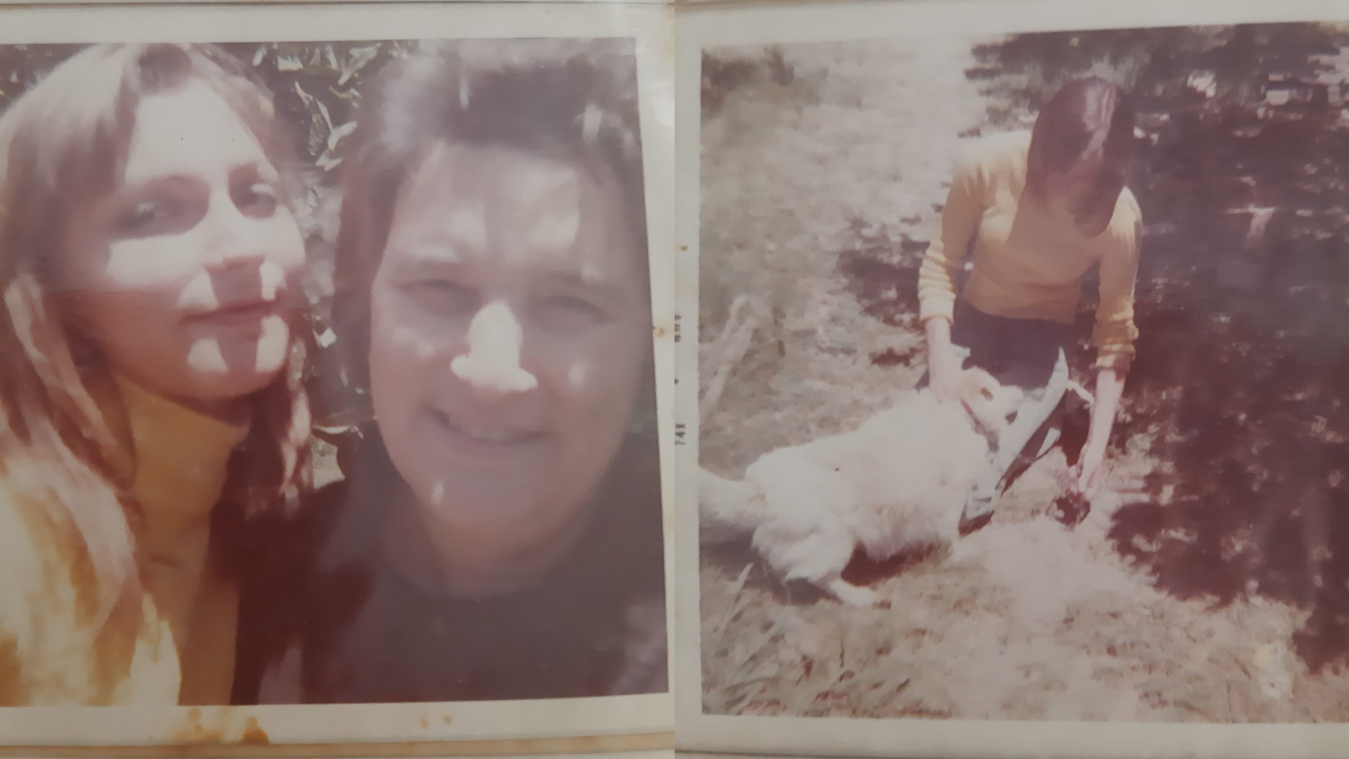 Liliana Sacco en 1974: con su mamá Rosa (izquierda), ambas sobrevivientes, y junto a su perro Cachi (derecha), que también fue rescatado de los escombros