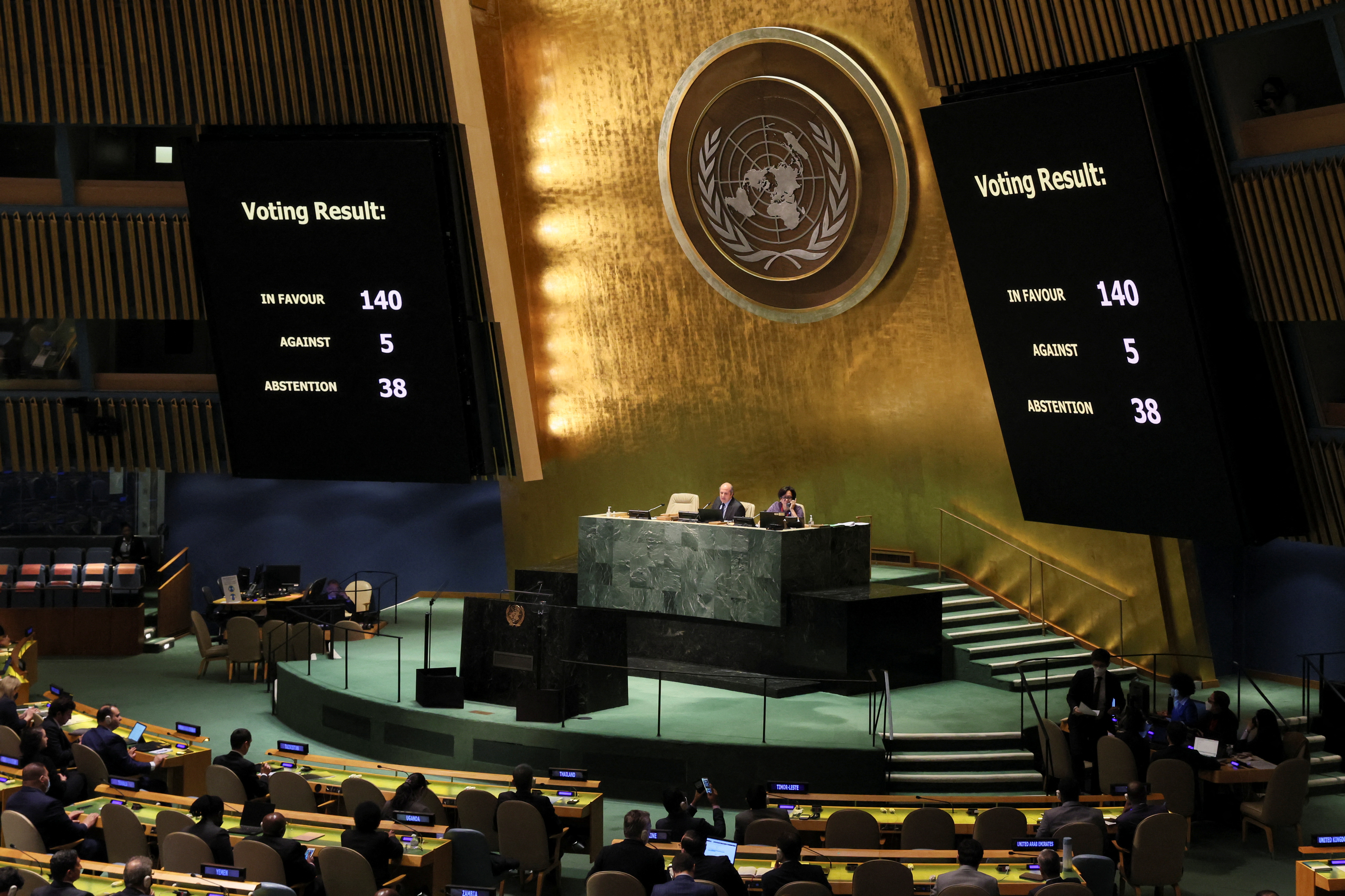 Los resultados de la votación se ven en la pantalla durante una sesión especial de la Asamblea General de la ONU sobre la invasión de Rusia a Ucrania, en la sede de las Naciones Unidas en Nueva York, Nueva York, Estados Unidos, el 24 de marzo de 2022.  REUTERS/Brendan McDermid