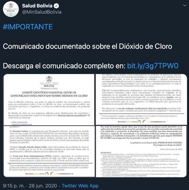 El Ministerio de Bolivia aclaró que era falso el señalamiento sobre la aprobación del dióxido de cloro para tratar al coronavirus (Foto:Twitter@MinSaludBolivia)