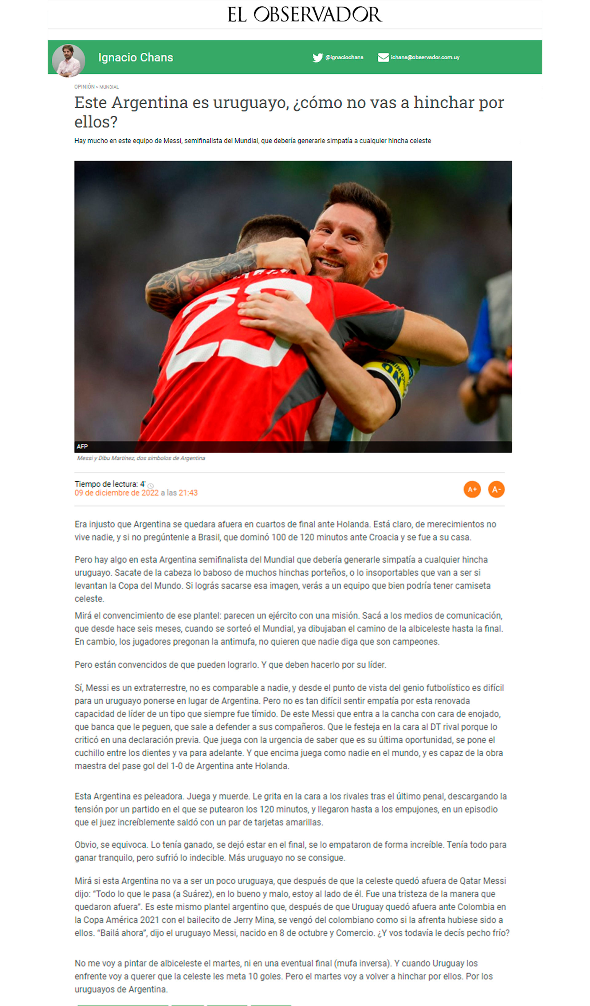 La columna de opinión en Uruguay sobre el juego de la selección argentina 