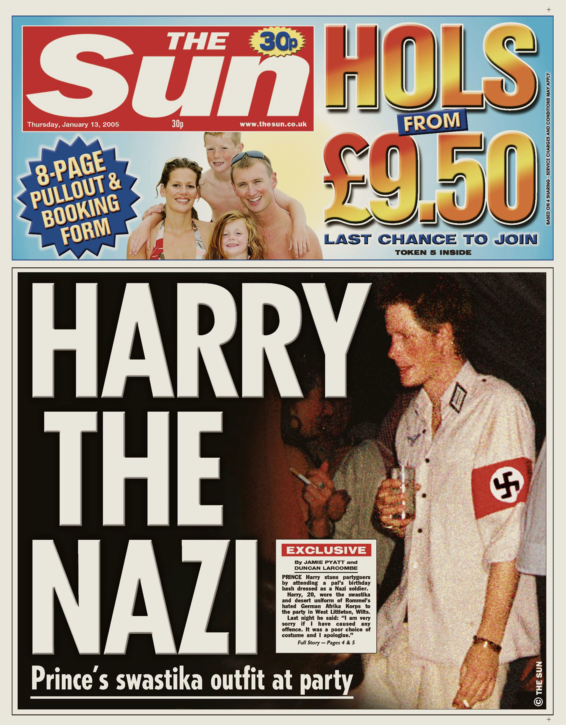 Una fotografía de archivo muestra una copia electrónica de la portada del periódico The Sun del 13 de enero de 2005 en la que aparece una fotografía del príncipe Harry de Gran Bretaña con un brazalete rojo y negro con la esvástica y una camisa del ejército con atuendos nazis en la fiesta de un amigo en un lugar no identificado a la que asistió el 8 de enero de 2005 (The Sun)