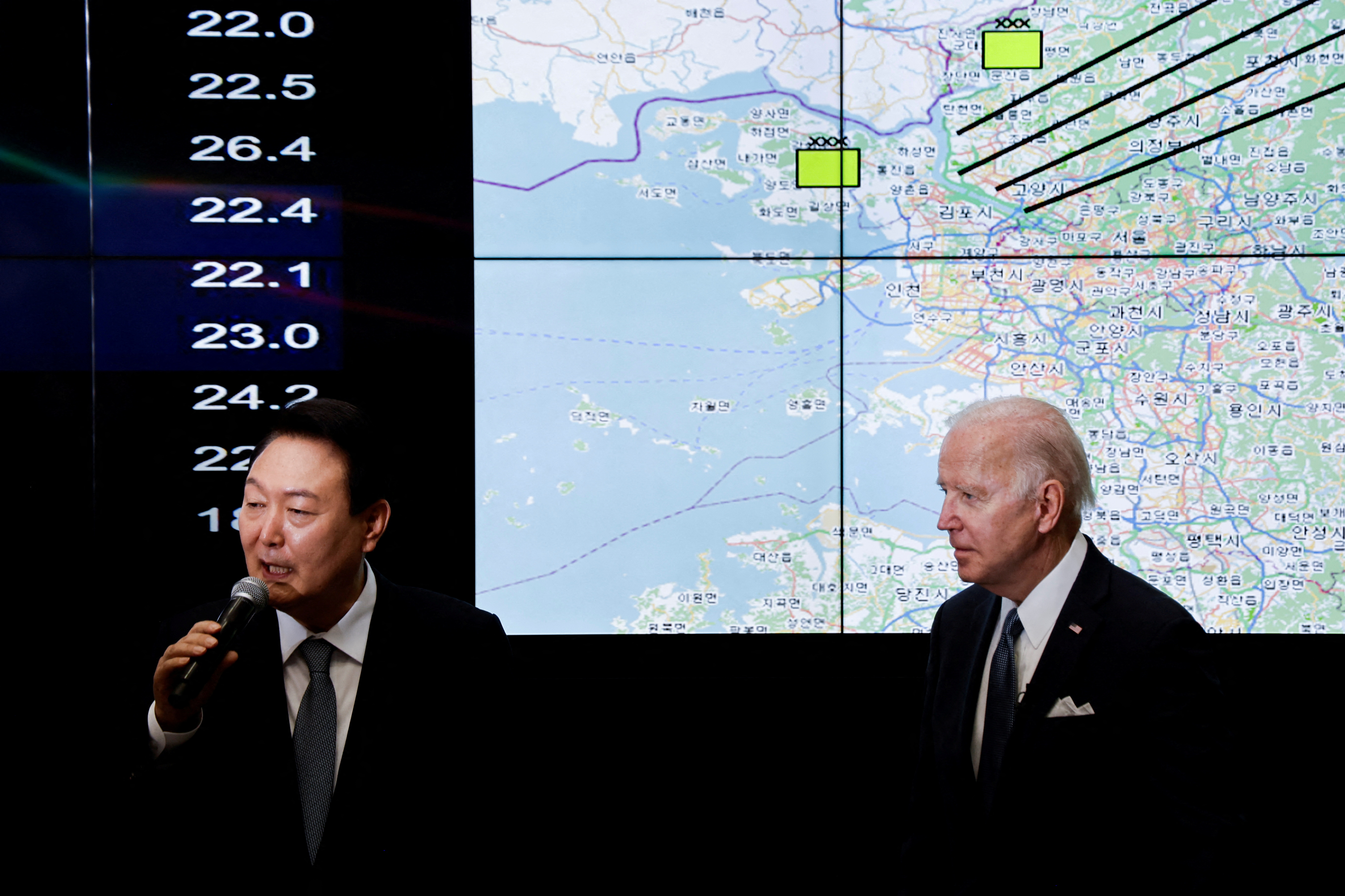 El presidente de Corea del Sur, Yoon Suk-yeol, habla mientras el presidente de Estados Unidos, Joe Biden, visita el Centro de Operaciones Aéreas en la Base Aérea de Osan en Pyeongtaek, Corea del Sur, el 22 de mayo de 2022. REUTERS/Jonathan Ernst