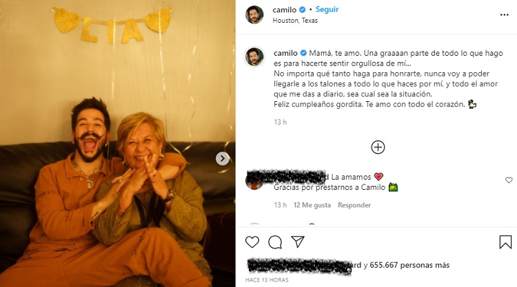 La conmovedora felicitación de Camilo a su madre por su cumpleaños - Infobae