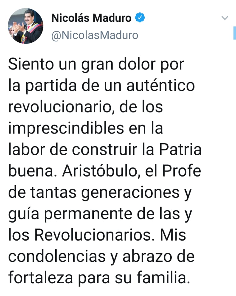 Tuit de Maduro por la muerte de Aristóbulo Istúriz