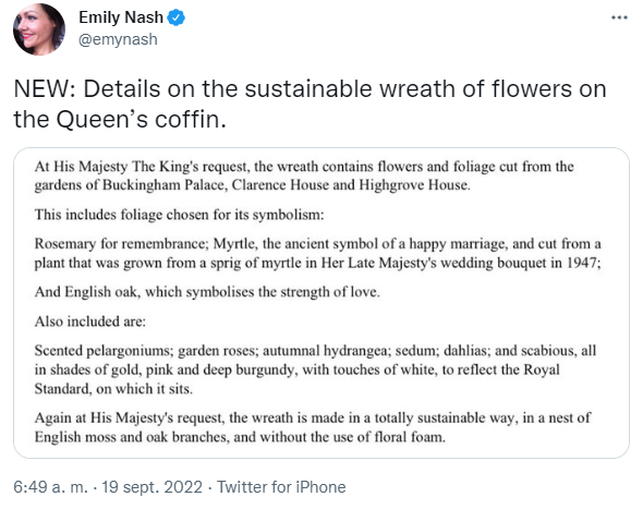 La periodista especializada en realeza contó en su cuenta de Twitter el gusto de la reina por las rosas y las flores rojas y rosadas 