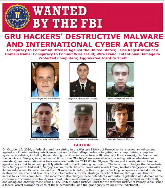 Algunos de los ciberhackers de la estructura militar rusa que trabajaron para la empresa Vulkan que encubre las actividades ilegales del Kremlin. (FBI)