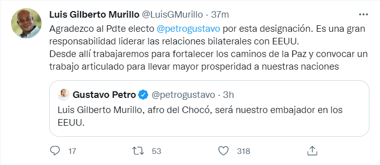 El nuevo embajador en Estados Unidos agradeció al presidente Gustavo Petro.