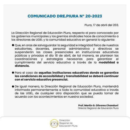 Suspenden clases en Piura por el paro regional