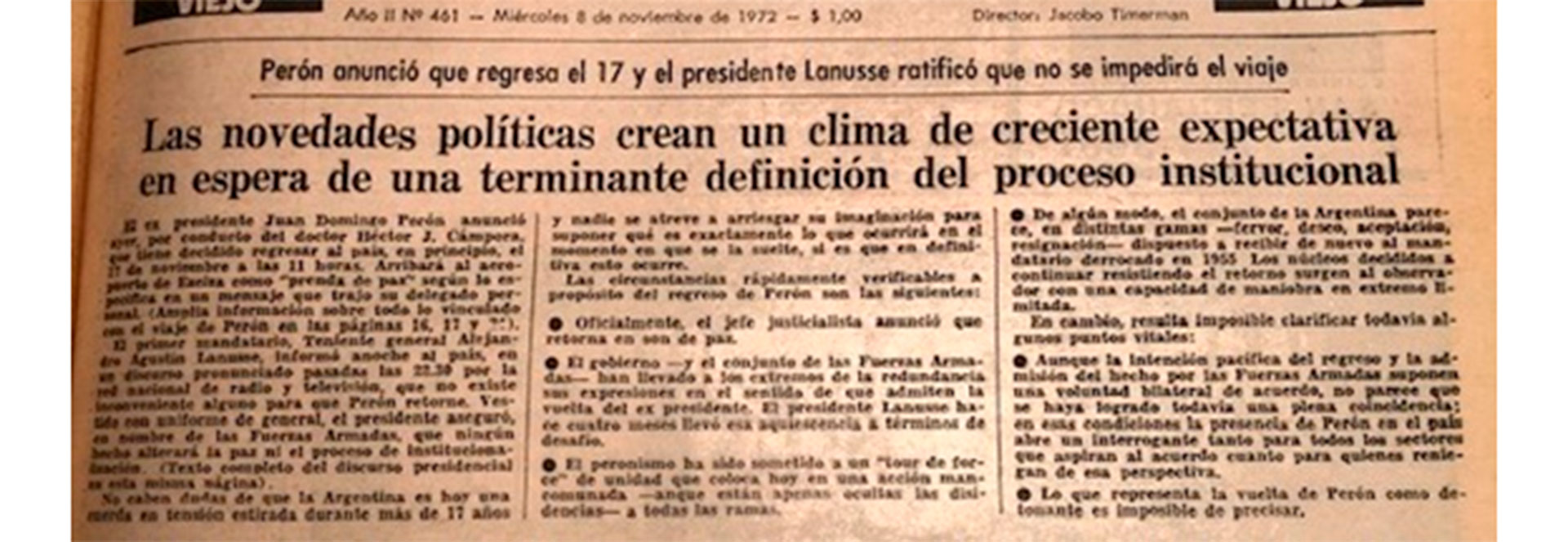 Título de tapa de La Opinión, 8 de noviembre de 1972