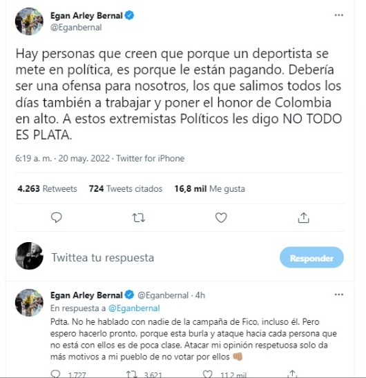 Egan Bernal defiende su postura política en la que apoya a Federico Gutiérrez a las presidenciales. 

Pantallazo / Twitter Egan Bernal