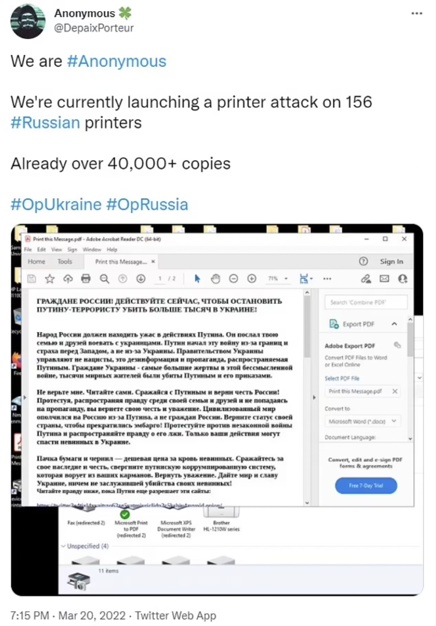 Uno de sus ataques previos consistió en hackear cientos de impresoras para divulgar información sobre la guerra en Ucrania e instrucciones para vencer la censura del internet en Rusia.