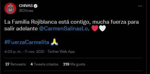 Chivas mandó un mensaje de apoyo para Carmen Salinas cuando destacó la noticia de que sufrió un derrame cerebral (Foto: Twitter/@Chivas)