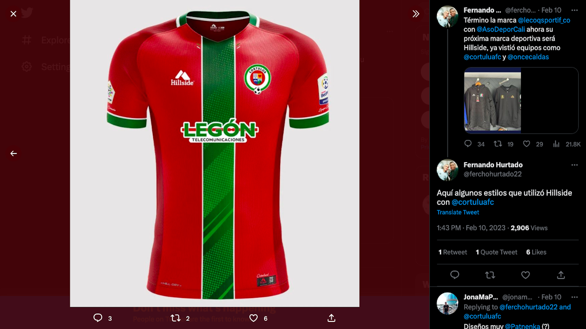 Deportivo Cali would consider changing its uniform manufacturer for the BetPlay II League 2023 5 Cortuluá FC jersey style with the Hillside brand / (Twitter: @ ferchohurtado22)