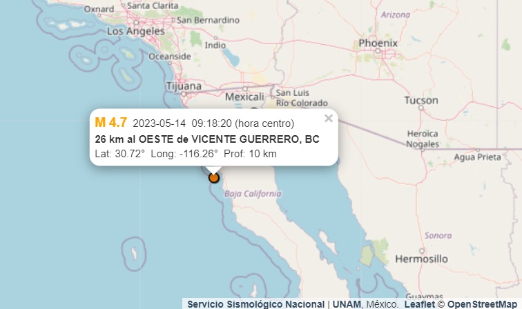 Se registró un sismo de mediana intensidad en Vicente Guerrero, en el estado de Baja California.