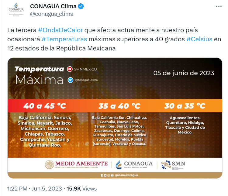 Al menos 12 entidades de la república tendrán temperaturas máximas de 45 grados durante la primera semana de junio. (Captura de pantalla/ Conagua).