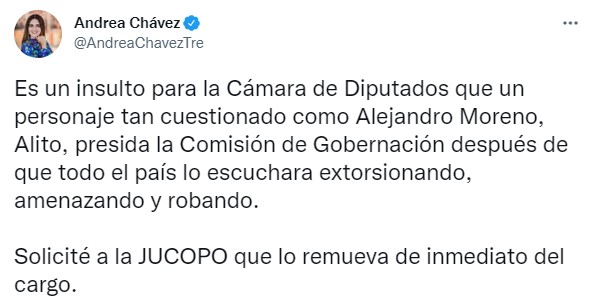Andrea Chávez aseguró que la permanencia de Alito como presidente de la comisión es un insulto (Captura: Twitter @AndreaChavezTre)