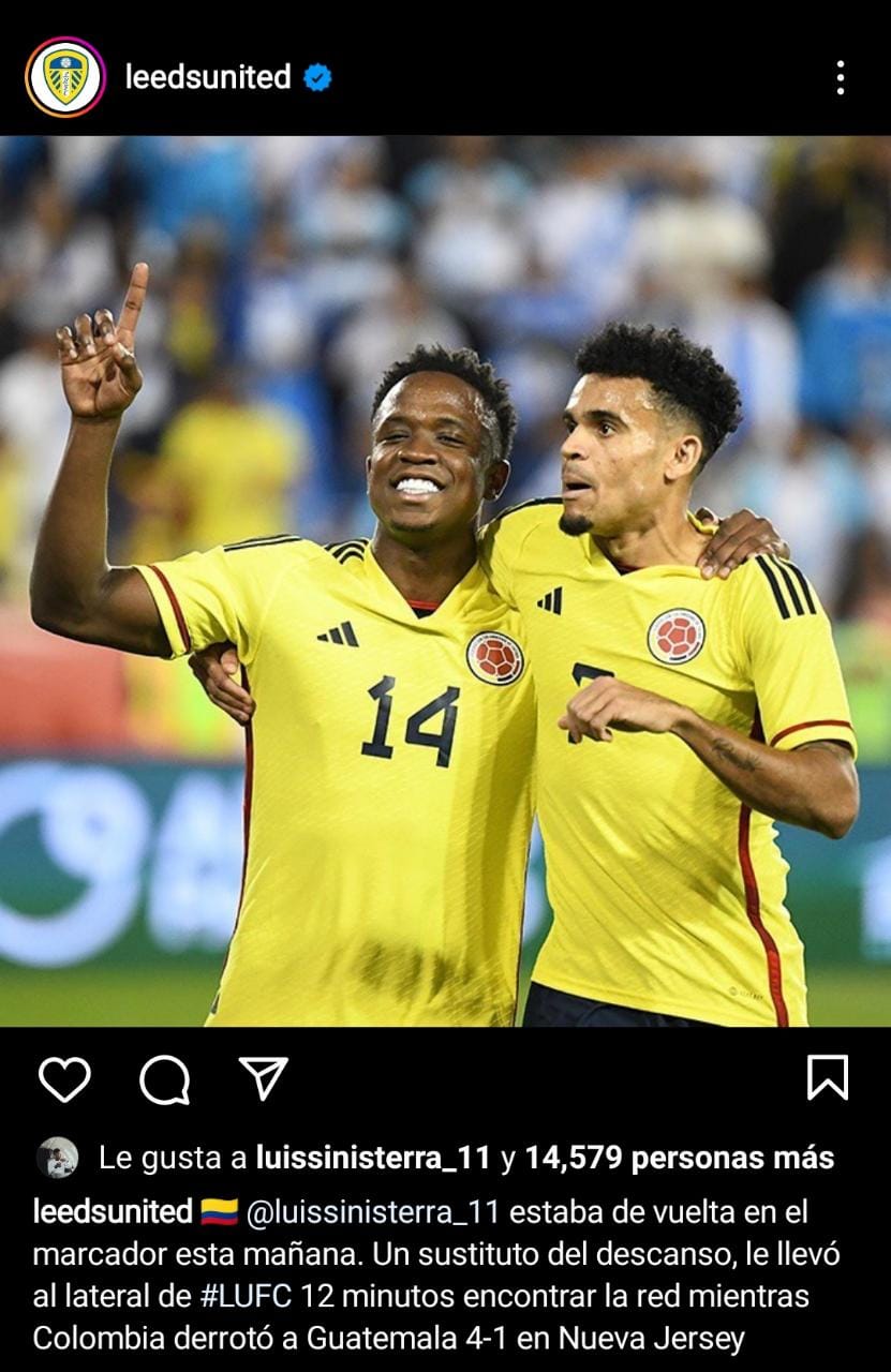 El jugador colombiano marcó su primer gol ante Guatemala. Tomado de @leedsunited