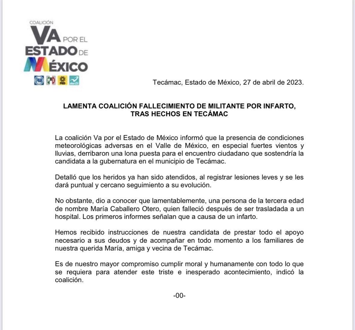 Por medio de un boletín de prensa, la coalición "Va por el Estado de México" confirmó la muerte de una señora de la tercera edad que falleció después del accidente en Tecámac y los fuertes vientos (Cortesía: Va por el Estado de México)