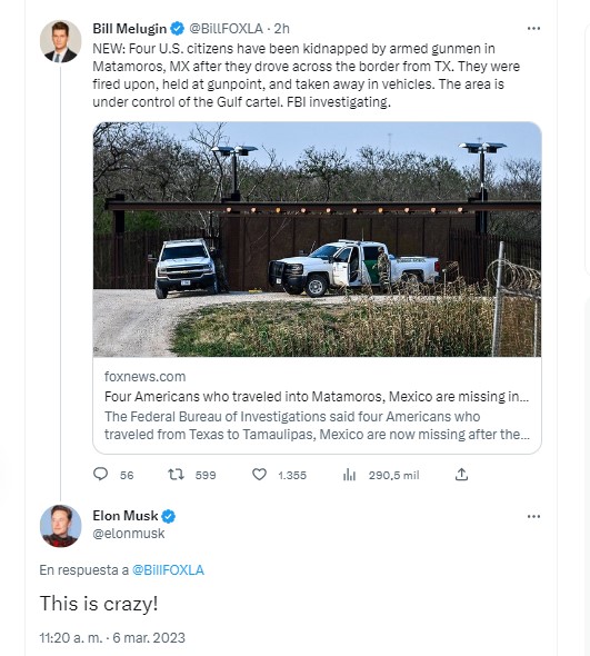 El empresario Elon Musk calificó como algo de "locos" el secuestro de cuatro ciudadanos de EEUU en Matamoros, Tamaulipas (Foto: Captura de pantalla)