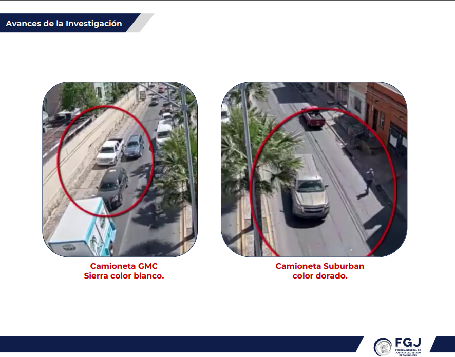 La camioneta GMC sierra color blanco fue que aparece en diferentes notas en las redes sociales, donde personas armadas suben a cuatro personas (Fiscalía de Tamaulipas)