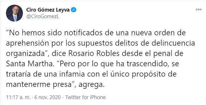 Rosario Robles calificó como una infamia la orden de aprehensión en su contra y de la cual aún no recibe notificación (Foto: Twitter: @CiroGomezL)